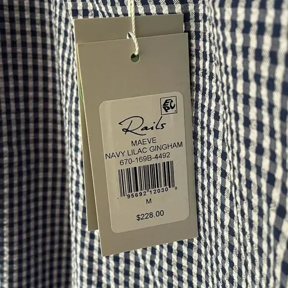 NWT RAILS Maeve Fluted Seersucker Womens Navy Gingham Midi Dress size Medium - Picture 7 of 9